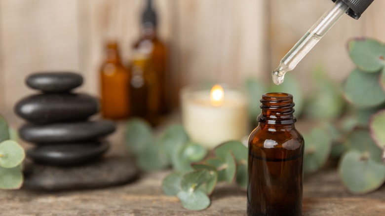 dropper being pulled out of essential oil bottle with stones, candles, and eucalyptus in the background